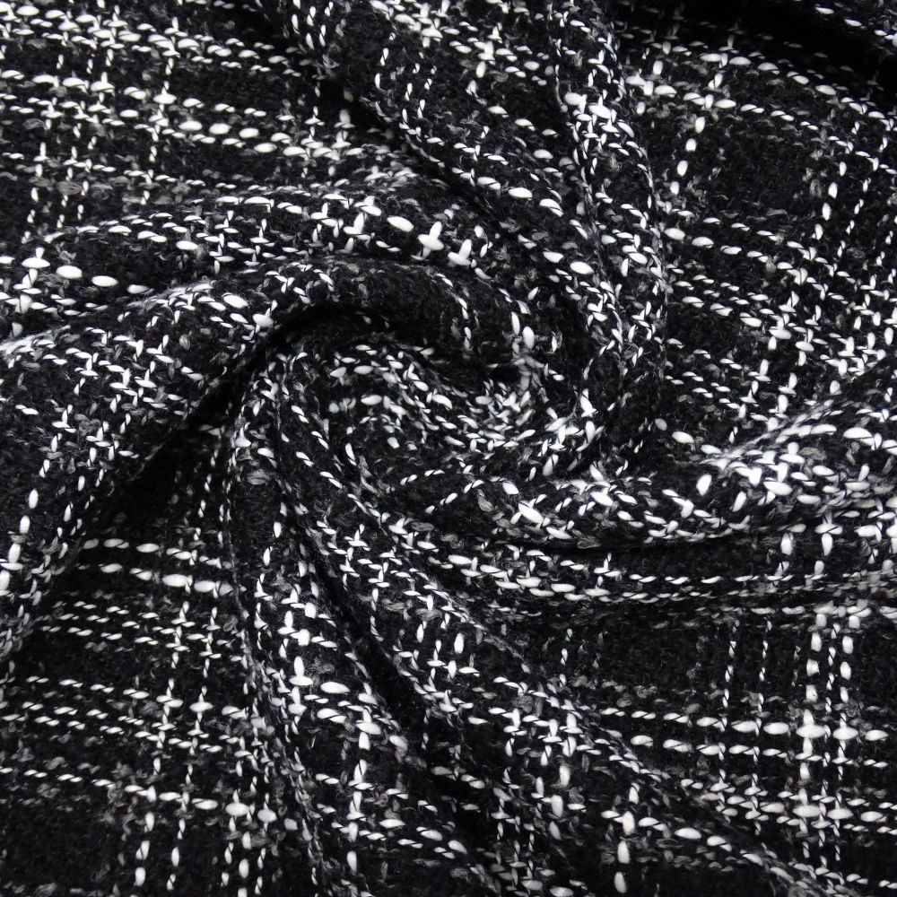Tecido Alfaiataria Tweed Com Lã, Cor Preta Detalhes em Branco e Cinza 