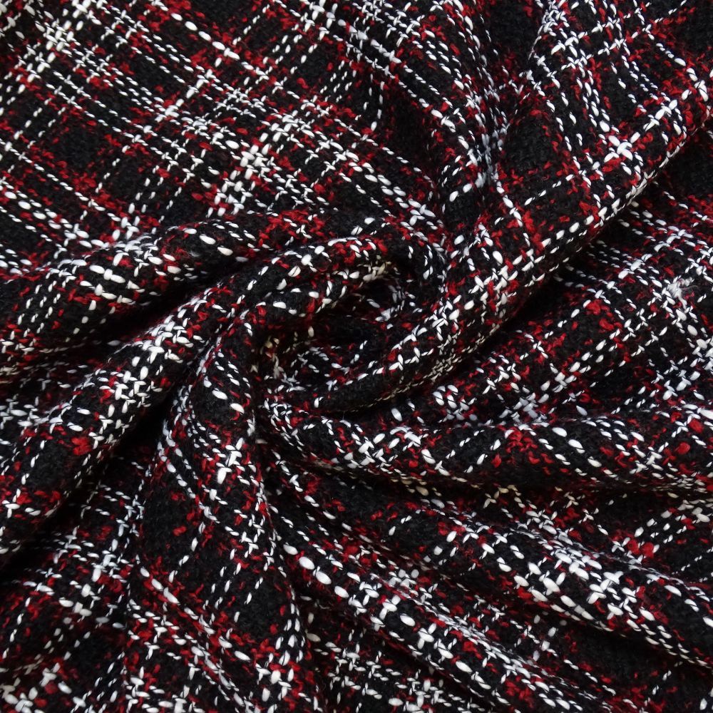Tecido Alfaiataria Tweed Com Lã Xadrez, Cor Preta Com Detalhes em  Vermelho e Branco 