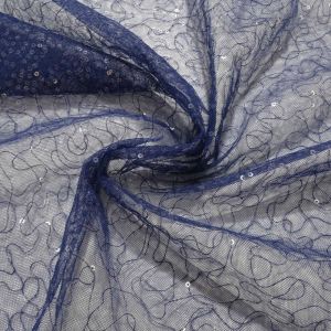 Tecido Renda Bordada com Paetê Azul Marinho,  Pantone: 19-3933TCX Medieval Blue 