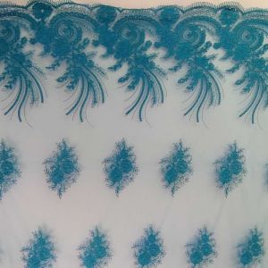 Tecido Renda Tule Bordado Azul Turquesa