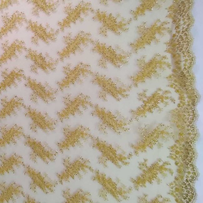 Tecido Renda Tule Bordado com Pedrarias cor Dourado Amarelo e Dourado