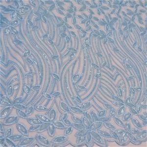 Tecido Renda Tule Bordado em Paetês e Fios Acetinados, Cor Azul Céu, Pantone: 15-4105 TCX Angel Falls
