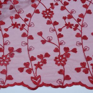 Tecido Renda Tule Bordado Fios Acetinados Cor Marsala , Pantone: 19-1758TCX Haute Red  