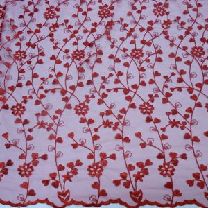 Tecido Renda Tule Bordado Fios Acetinados Cor Marsala , Pantone: 19-1758TCX Haute Red  