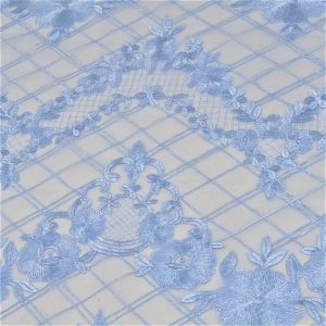 Tecido Renda Tule Bordado Floral Fios Acetinados, Cor Azul Serenity, Pantone: 14-4318TCX Sky Blue