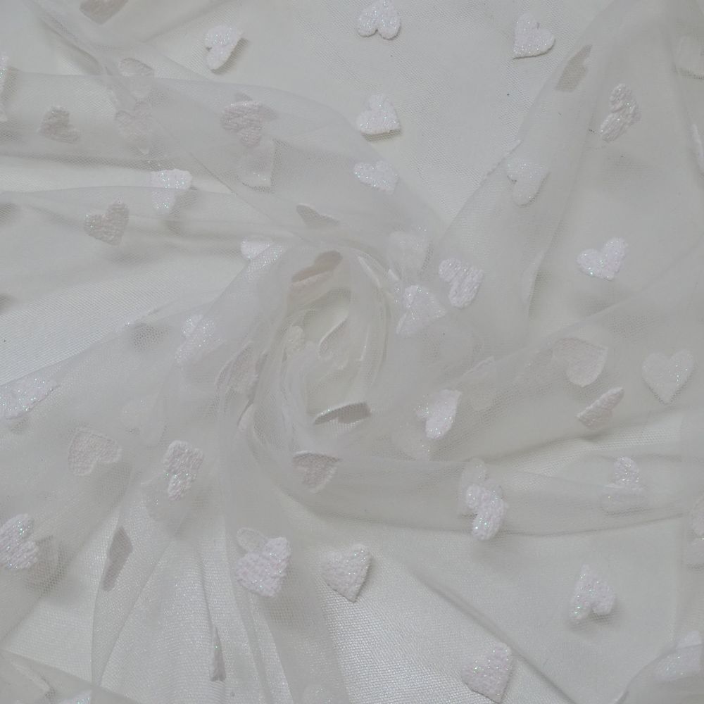 Tecido Renda Tule Corações em 3D Com Glitter Cor Branca 