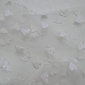 Tecido Renda Tule Corações em 3D Com Glitter Cor Branca 