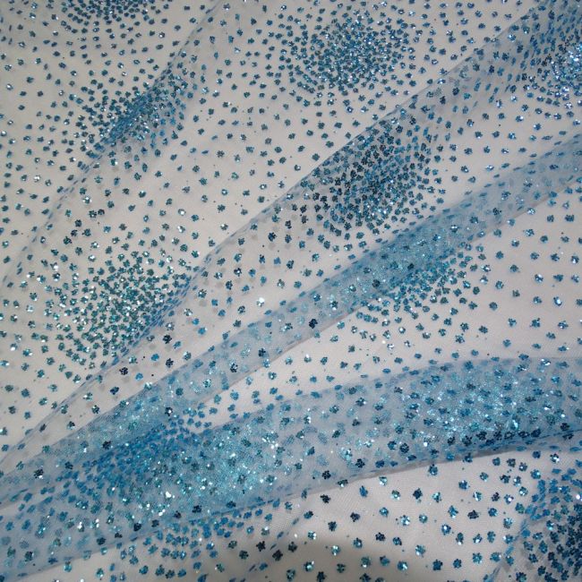 Tecido Renda Tule Desenhos em Glitter Cor Azul Serenity