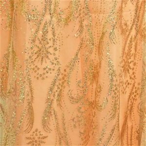 Tecido Renda Tule Desenhos em Glitter Cor Pêssego, Pantone: 14-1220TCX Peach Nougat 