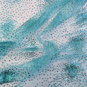 Tecido Renda Tule Desenhos em Glitter Cor Azul Limpet 